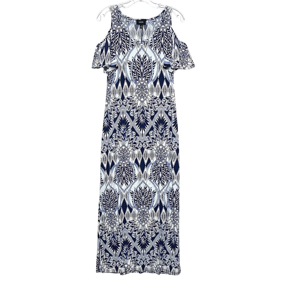 MSK Geometric Medallion Cold Shoulder Maxi Dress S Blue White Resortwear Summer